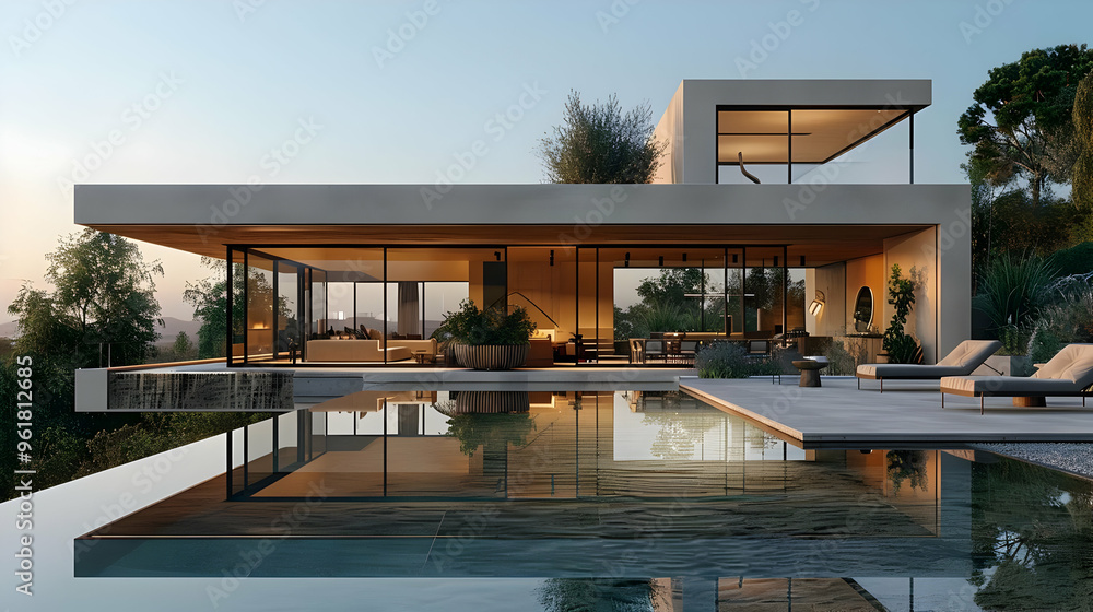 Fototapeta premium Modern House with Infinity Pool and Lush Greenery - 3D Illustration