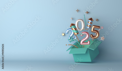 Happy new year 2025 decoration background with opened gift box, balloon number, firework rocket, copy space text, 3D rendering illustration photo