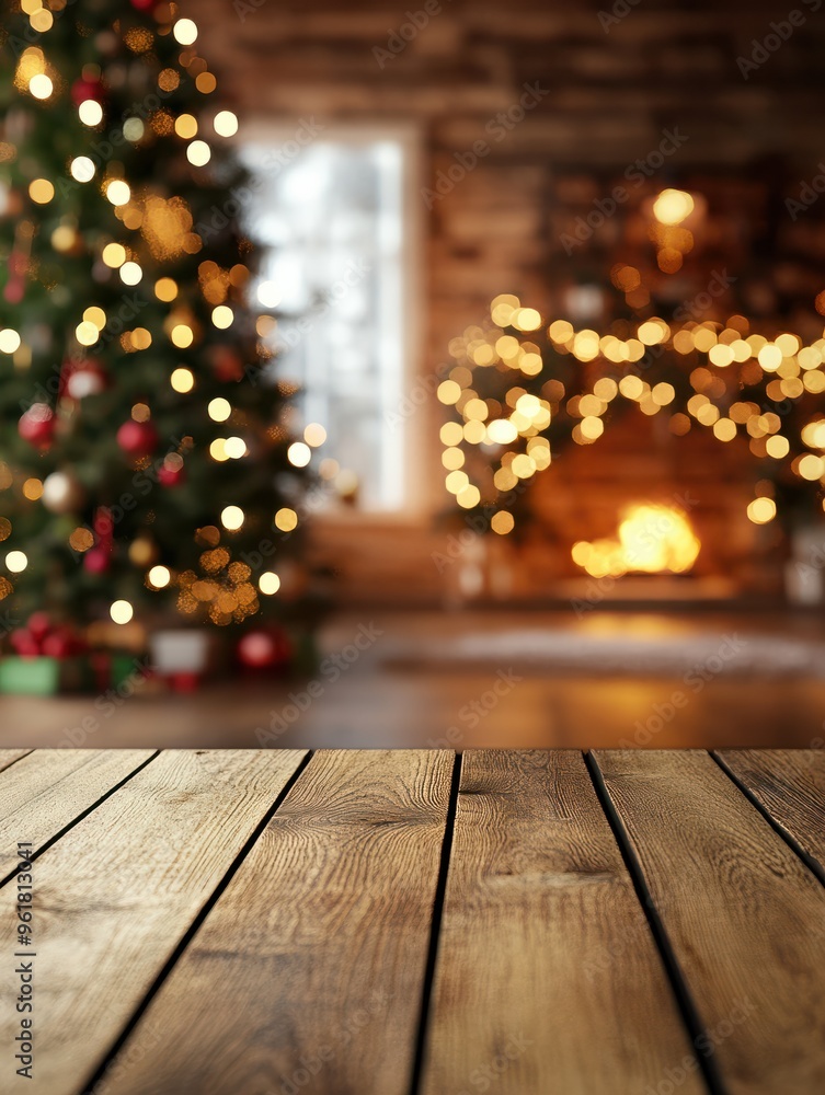 Wooden table top for product display on Christmas and winter theme with blur Xmas tree decorated with lights in a living room background Wooden table top for product display on Christmas and winter theme with blur Xmas tree decorated with lights in a living room background