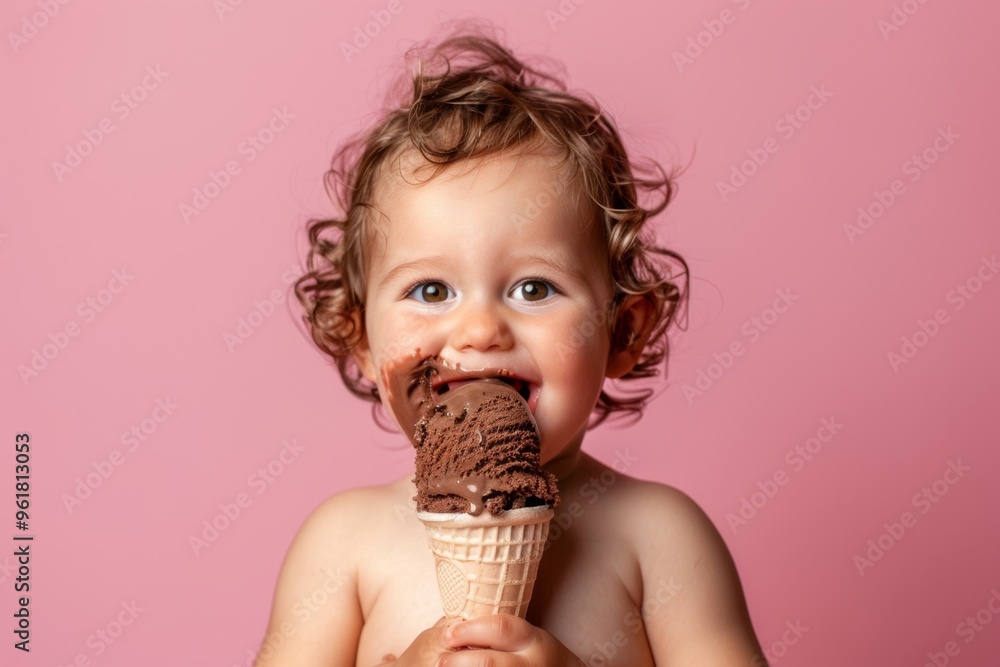 Little one smiles while eating ice cream. Infant girl joyful smile lies peacefully her tender space. Her smile and curls hint fleeting beauty of youth. Little one smiles while eating ice cream. Infant girl joyful smile lies peacefully her tender space. Her smile and curls hint fleeting beauty of youth.