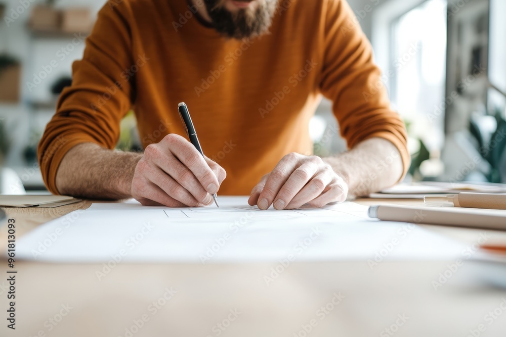 A designer focused on bringing ideas to life through precise drawing in a serene workspace environment. A designer focused on bringing ideas to life through precise drawing in a serene workspace environment.