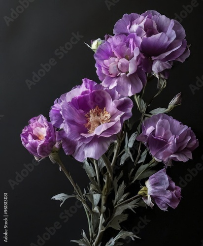 vase filled with purple flowers on black background