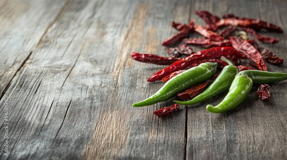 Fresh green chilies and dried red chili peppers scattered on a wooden surface, with a rustic kitchen setting in the background. Fresh green chilies and dried red chili peppers scattered on a wooden surface, with a rustic kitchen setting in the background.