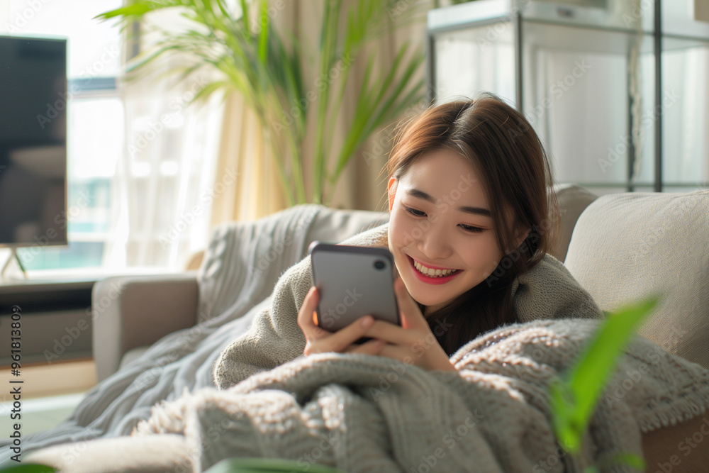 Happy young Asian woman using cellphone while relaxing on sofa at home. Technology and lifestyle Happy young Asian woman using cellphone while relaxing on sofa at home. Technology and lifestyle