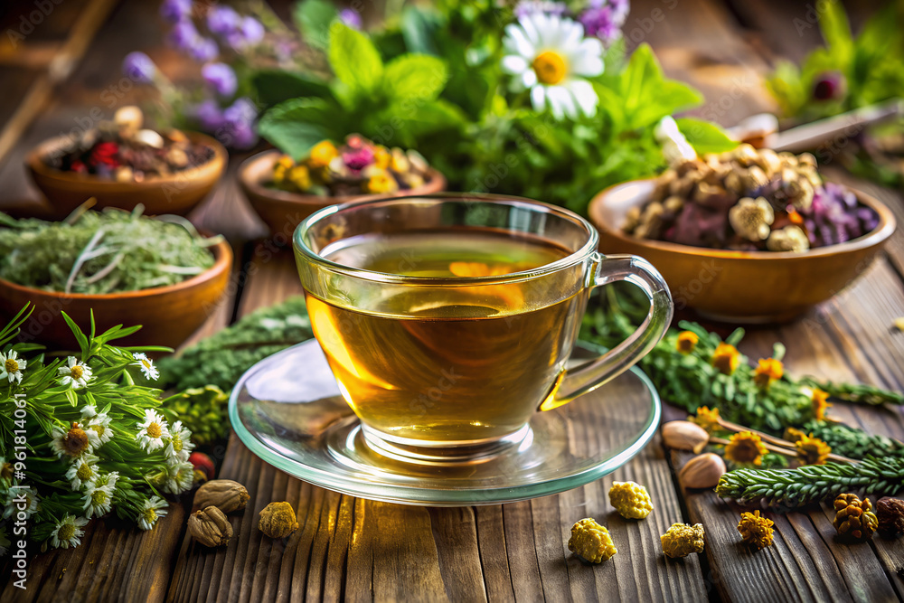 Herbal Tea in a Glass Cup Surrounded by Fresh Herbs and Botanical Ingredients on a Rustic Table Herbal Tea in a Glass Cup Surrounded by Fresh Herbs and Botanical Ingredients on a Rustic Table