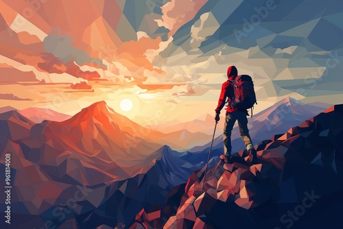 sunrise mountain climber illustration