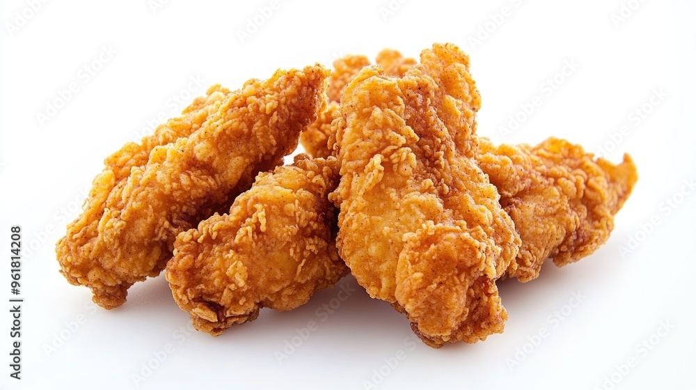 Freshly fried chicken tenders with a crunchy, golden-brown coating, placed on a white background for a simple and clean presentation. Freshly fried chicken tenders with a crunchy, golden-brown coating, placed on a white background for a simple and clean presentation.