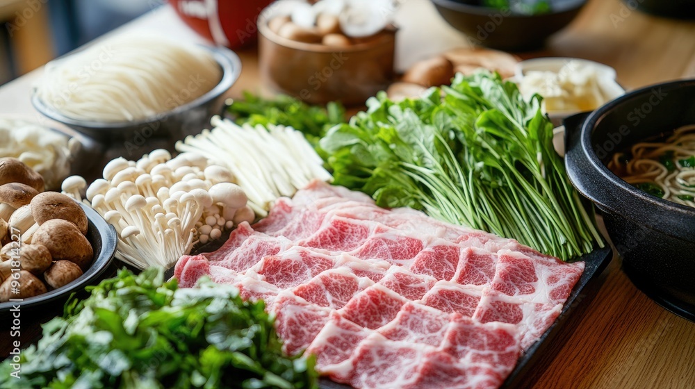 Fresh ingredients for shabu-shabu including thinly sliced meat, leafy greens, mushrooms, and noodles, artfully arranged on a table ready for cooking. Fresh ingredients for shabu-shabu including thinly sliced meat, leafy greens, mushrooms, and noodles, artfully arranged on a table ready for cooking.
