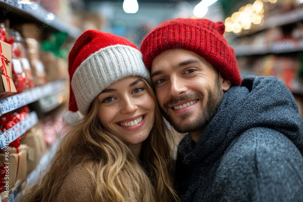 Couple enjoying holiday shopping together in a festive store while wearing warm winter hats and smiling brightly Couple enjoying holiday shopping together in a festive store while wearing warm winter hats and smiling brightly