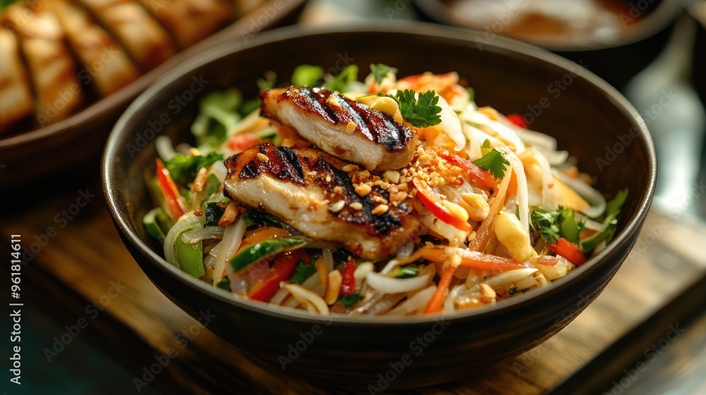 Freshly made Thai green papaya salad with a side of grilled chicken, showcasing the balance of textures and flavors in a well-lit setting. Freshly made Thai green papaya salad with a side of grilled chicken, showcasing the balance of textures and flavors in a well-lit setting.