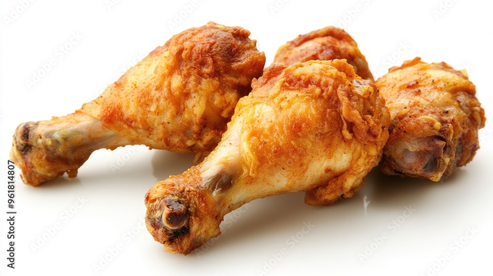 Fried chicken drumsticks with a perfectly golden crust, displayed on a white background to emphasize their crispy and juicy appeal. Fried chicken drumsticks with a perfectly golden crust, displayed on a white background to emphasize their crispy and juicy appeal.