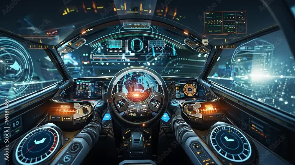 A futuristic dashboard with AI-driven data visualizations and predictive analytics in a high-tech vehicle A futuristic dashboard with AI-driven data visualizations and predictive analytics in a high-tech vehicle