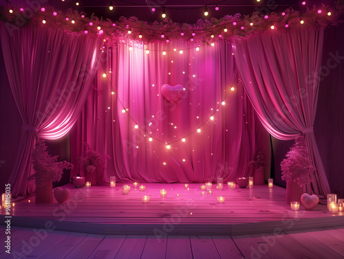 omantic pink draped curtains glowing string lights heart decor dreamy ambiance celebration event concep photo