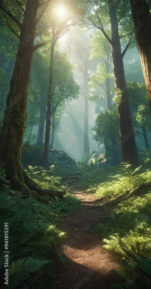 Fototapeta premium path through forest with sunlight shining the trees