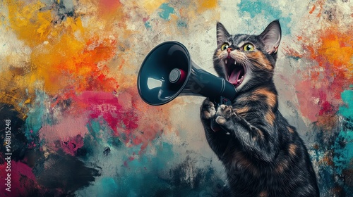 Wallpaper Mural Art collage. A crazy cat with a megaphone. Promotion, action, ad, job questions, discussion. Vacancy. Business concept, communication, generative ai. information, news, boss, team media relations Torontodigital.ca