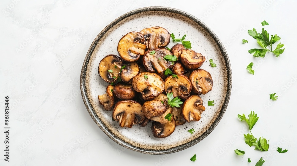 Fried mushrooms served on a plate with garnishes, capturing a delicious and appetizing dish against a clean, simple background. Fried mushrooms served on a plate with garnishes, capturing a delicious and appetizing dish against a clean, simple background.
