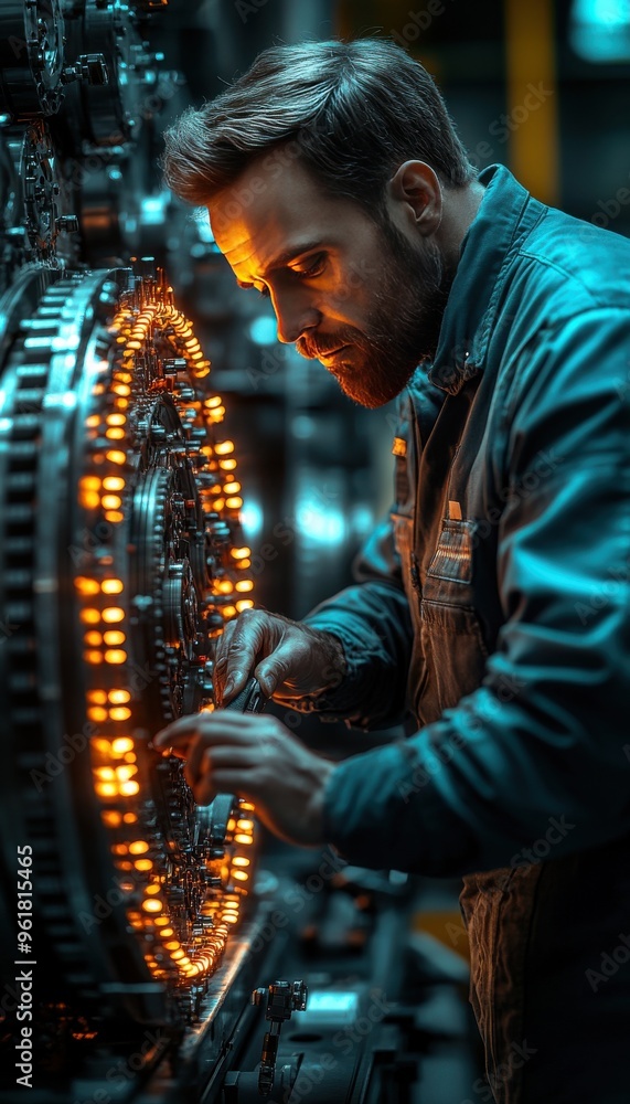 Engineer working on illuminated industrial machinery, focused and concentrated on intricate details. Engineer working on illuminated industrial machinery, focused and concentrated on intricate details.