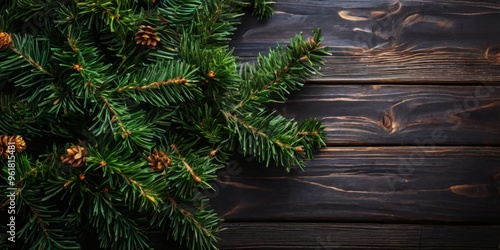 pine branches with cones and on dark wooden background