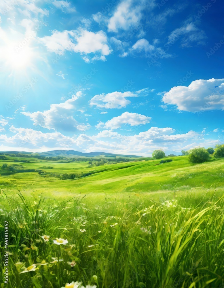 Fototapeta premium green field with flowers and blue sky