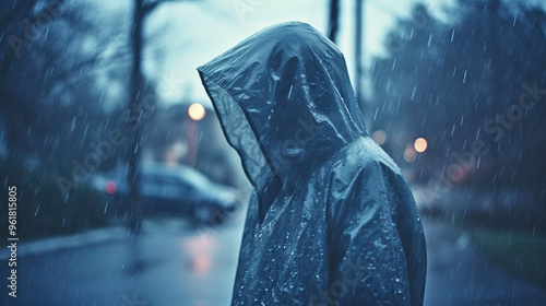 Man in a raincoat walks in the rain. AI Generated