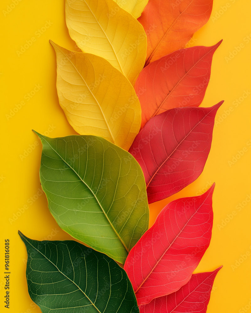 Obraz premium A colorful array of autumn leaves in red, orange, and green against an isolated yellow background, representing the changing seasons. Minimal autumn idea