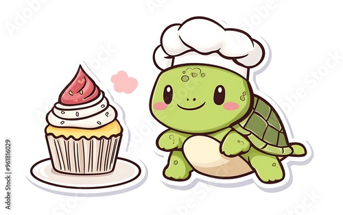 Chef Turtle Cupcake Delight Vector Sticker Design in Procreate Doodle Style on White Background photo