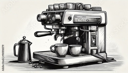 A black and white hand-drawn artistic representation of an espresso machine photo