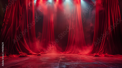 dramatic red velvet curtains eerie spotlight horror ambiance vampire devilish backdrop theatrical mock-up concept
