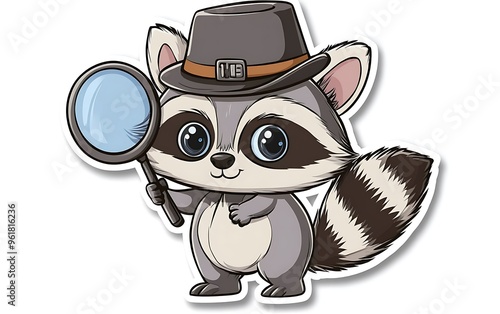 Curious Detective Raccoon - Quirky Cartoon Vector Sticker Design in Procreate Doodle Style on White Background photo