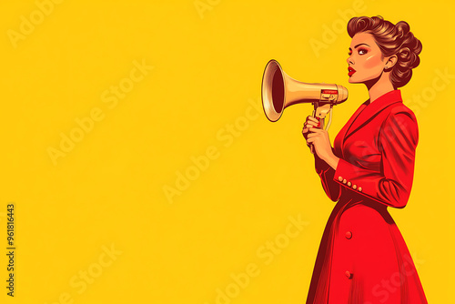 Full-length portrait of a beautiful woman holding a loudspeaker, standing against a bright yellow background with space for text, styled in pop art fashion. 