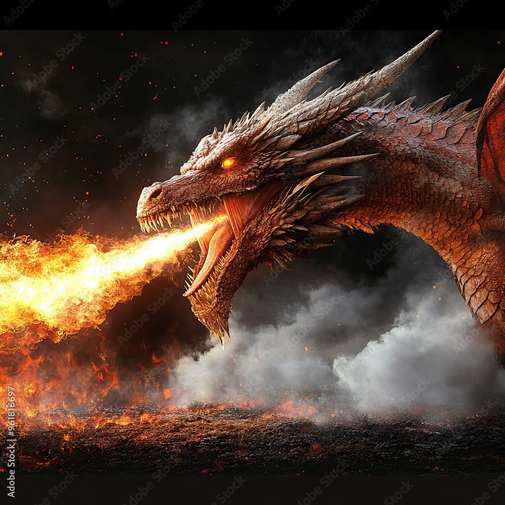 Naklejka premium A fierce dragon unleashing fire amidst swirling smoke, symbolizing power and mythology in a stunning fantasy landscape.