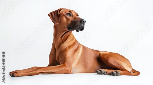 A regal dog lying on a white background, showcasing its elegant posture and features.