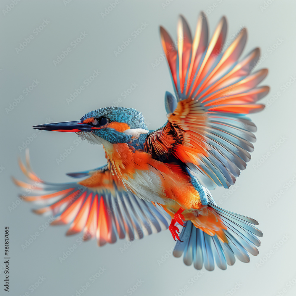 Fototapeta premium Colorful kingfisher mid-flight with vibrant wings spread wide. 