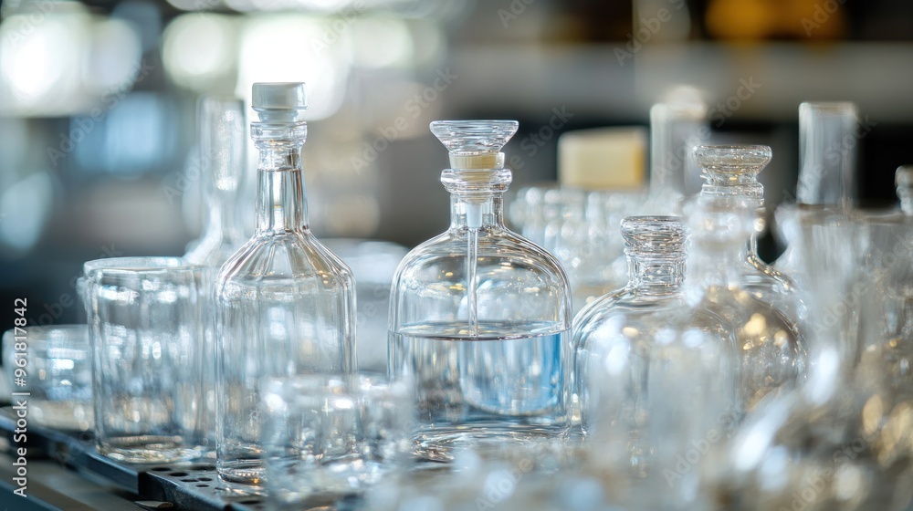 Clear Glass Bottles and Glasses on a Shelf Clear Glass Bottles and Glasses on a Shelf
