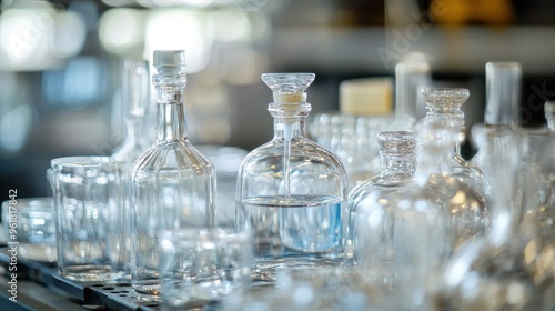 Clear Glass Bottles and Glasses on a Shelf