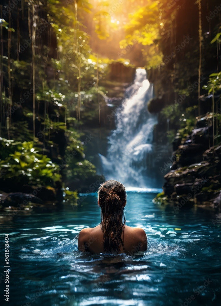 Fototapeta premium woman in pool with waterfall the background