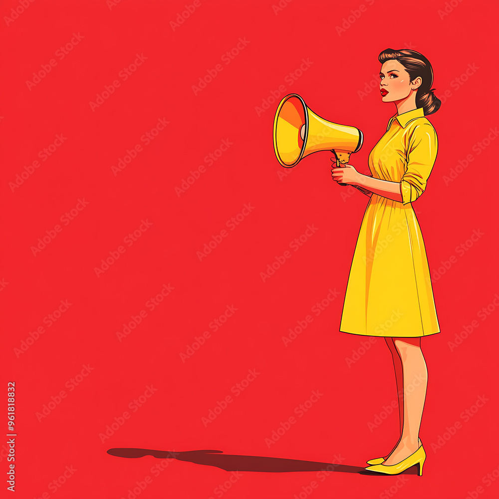full length beautiful woman on bright red background with loudspeaker in hands and free space on side for text ,pop art style full length beautiful woman on bright red background with loudspeaker in hands and free space on side for text ,pop art style