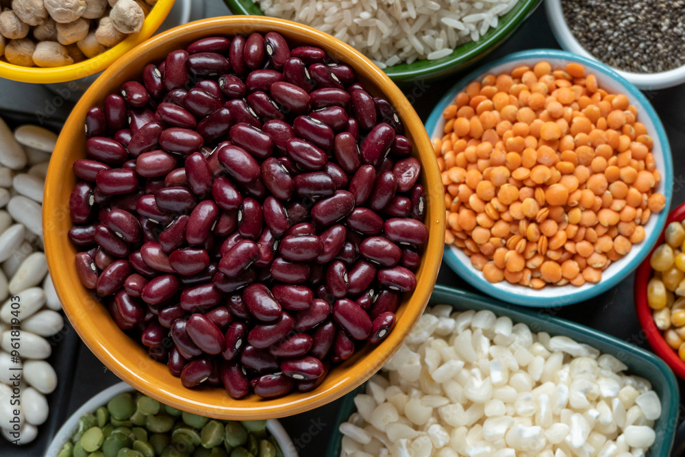 several pots with raw grains for preparing healthy food several pots with raw grains for preparing healthy food