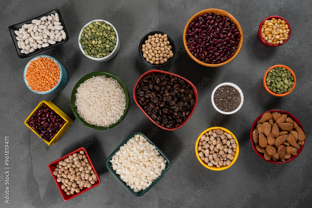 several pots with raw grains for preparing healthy food several pots with raw grains for preparing healthy food