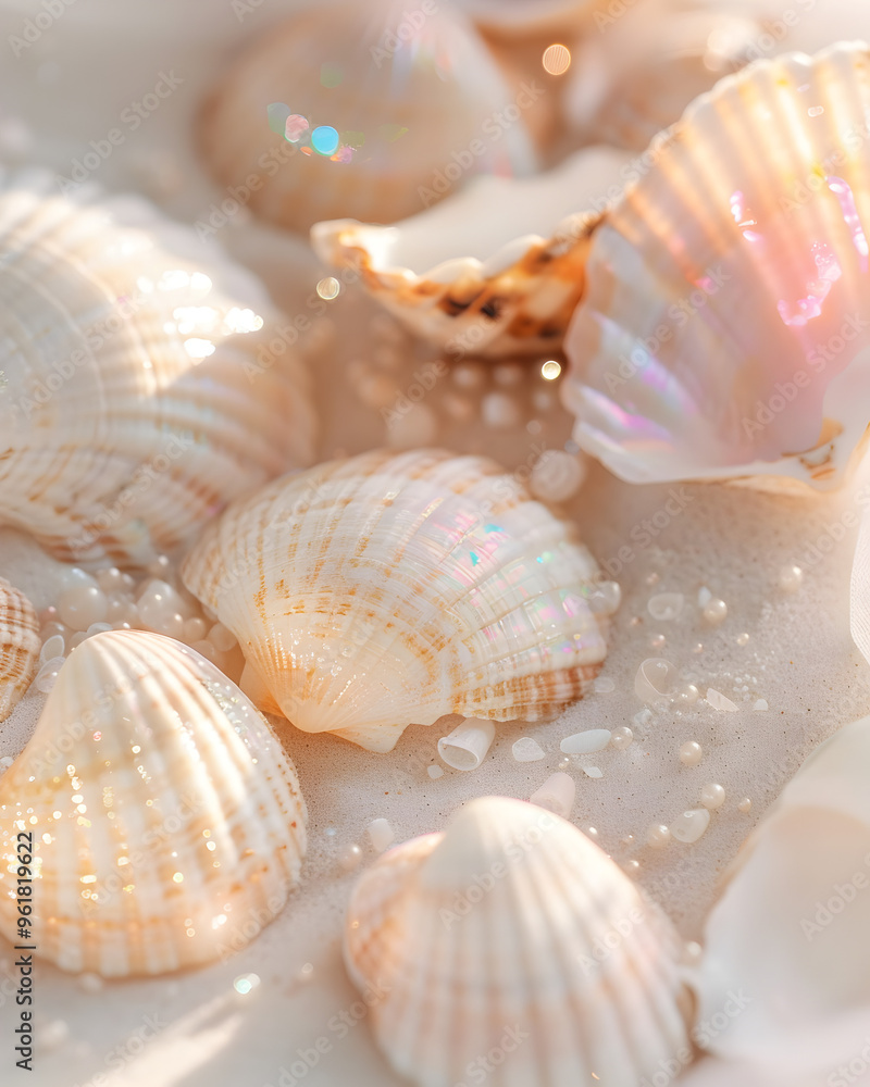 Macro close-up of several iridescent seashells on a neutral surface. Macro close-up of several iridescent seashells on a neutral surface.