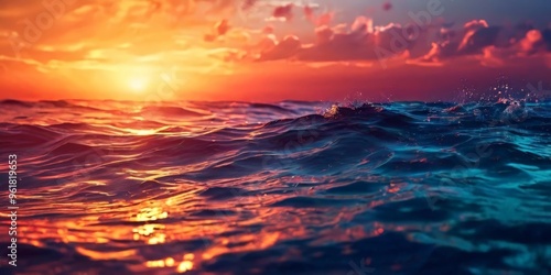 sunset over the ocean with waves