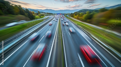 High-speed shot of vehicles traveling on a motorway, with a sense of motion and speed conveyed through a slightly blurred background.