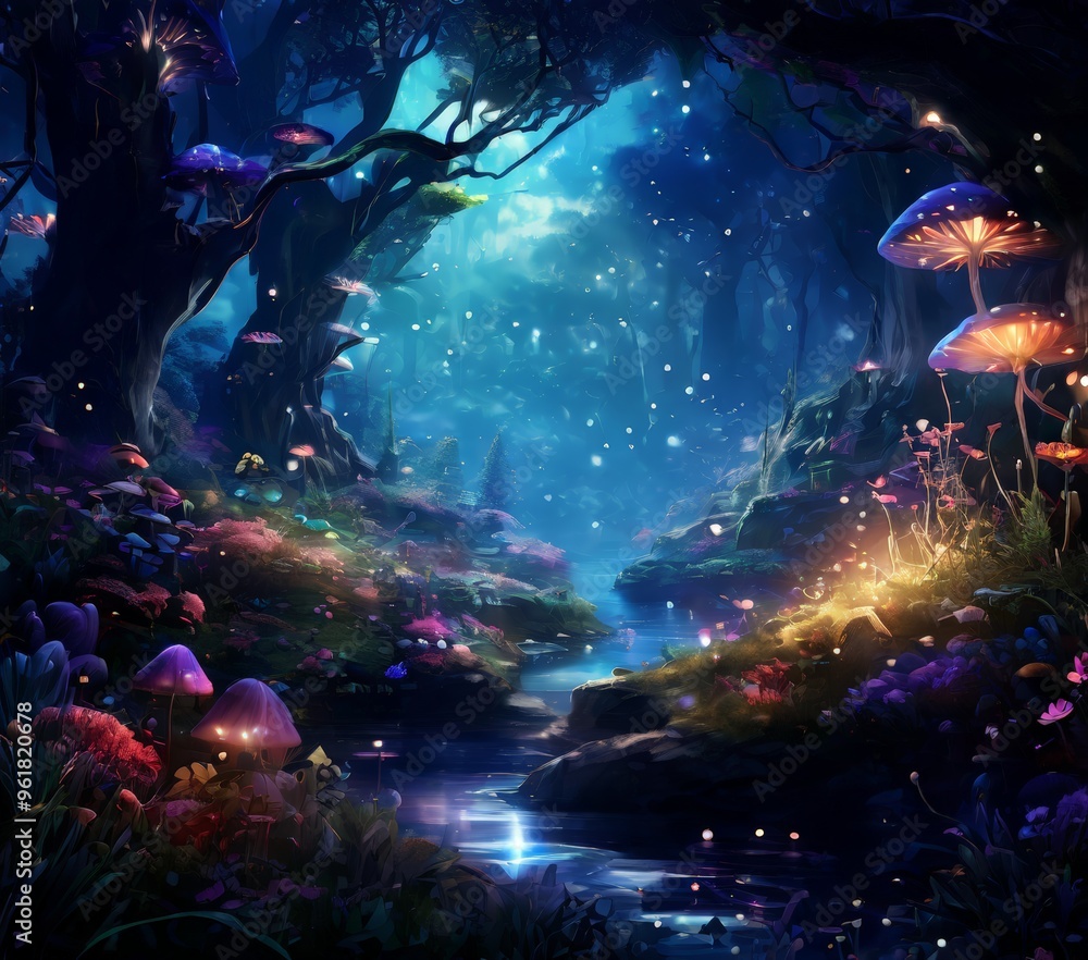 Obraz premium forest with stream and mushrooms