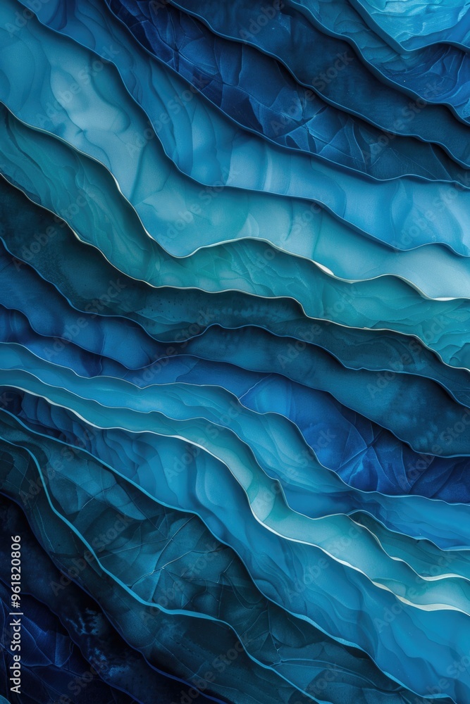 The image is a blue and white abstract painting with a wave-like pattern The image is a blue and white abstract painting with a wave-like pattern