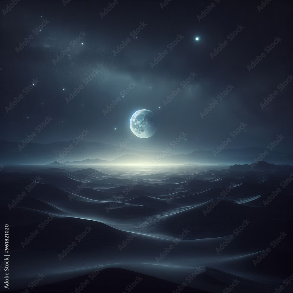A mystical night scene featuring a bright moon illuminating a vast, undulating desert landscape. The stars twinkle in the deep blue sky, creating an otherworldly and serene atmosphere. Perfect for A mystical night scene featuring a bright moon illuminating a vast, undulating desert landscape. The stars twinkle in the deep blue sky, creating an otherworldly and serene atmosphere. Perfect for