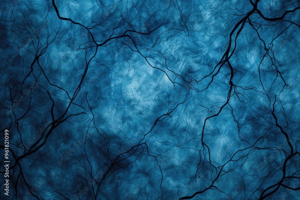 The image is a blue background with a lot of branches and leaves The image is a blue background with a lot of branches and leaves