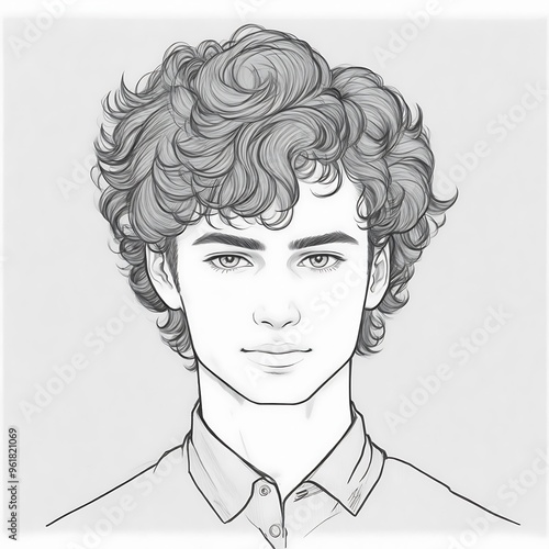 Hand drawn portrait of a young man sketch with curly hair, ideal for artistic illustration, character design. Pencil drawing for young boy sketch illustration