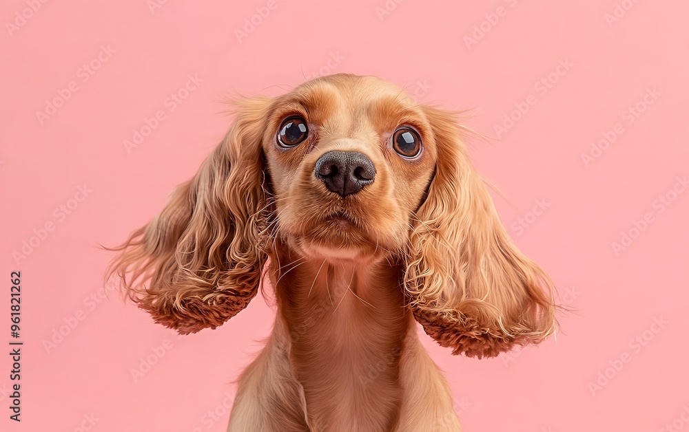Naklejka premium Happy Cocker Spaniel Dog with Flopped Ears on Pink Background | Playful Pet Portrait Against Vibrant Pink Setting