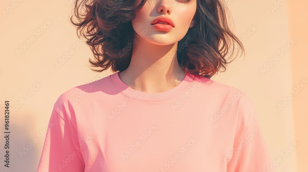 A stylish woman poses confidently in a pink shirt, showcasing a vibrant and modern fashion statement in a soft pastel setting. A stylish woman poses confidently in a pink shirt, showcasing a vibrant and modern fashion statement in a soft pastel setting.