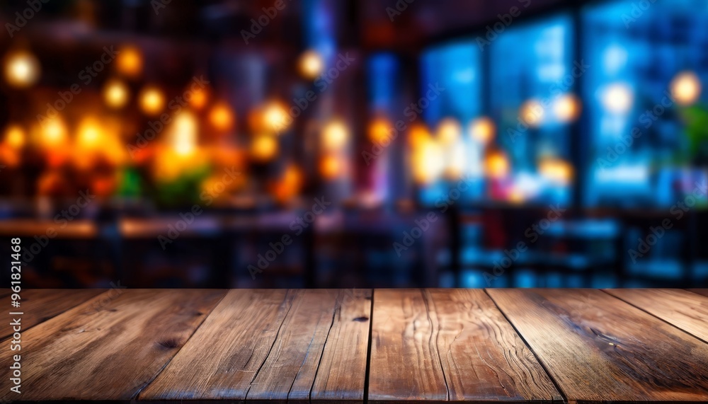 wooden table with blurred lights in the background wooden table with blurred lights in the background
